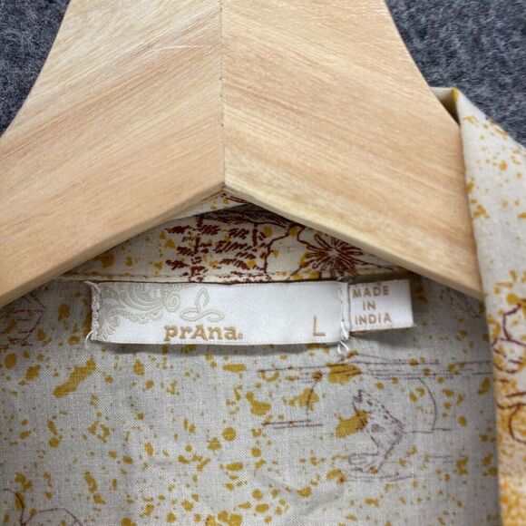5/$45 Prana Shirt Women L Large Beige Floral Button Up Collared Short Sleeve - Picture 5 of 8